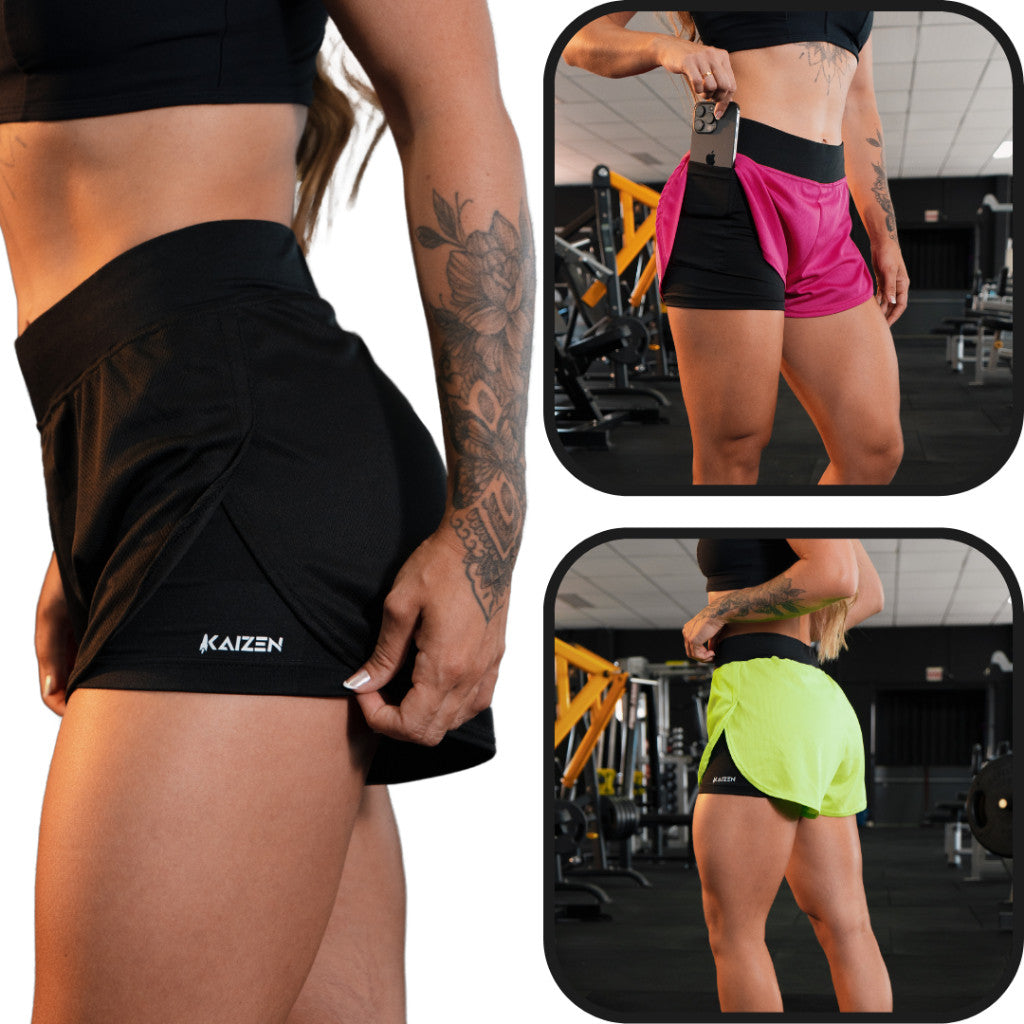 Short Feminino 2 em 1 Antiassaduras Dry Fit c/ Bolso Celular - Academia e Corrida [50% OFF + FRETE GRÁTIS]