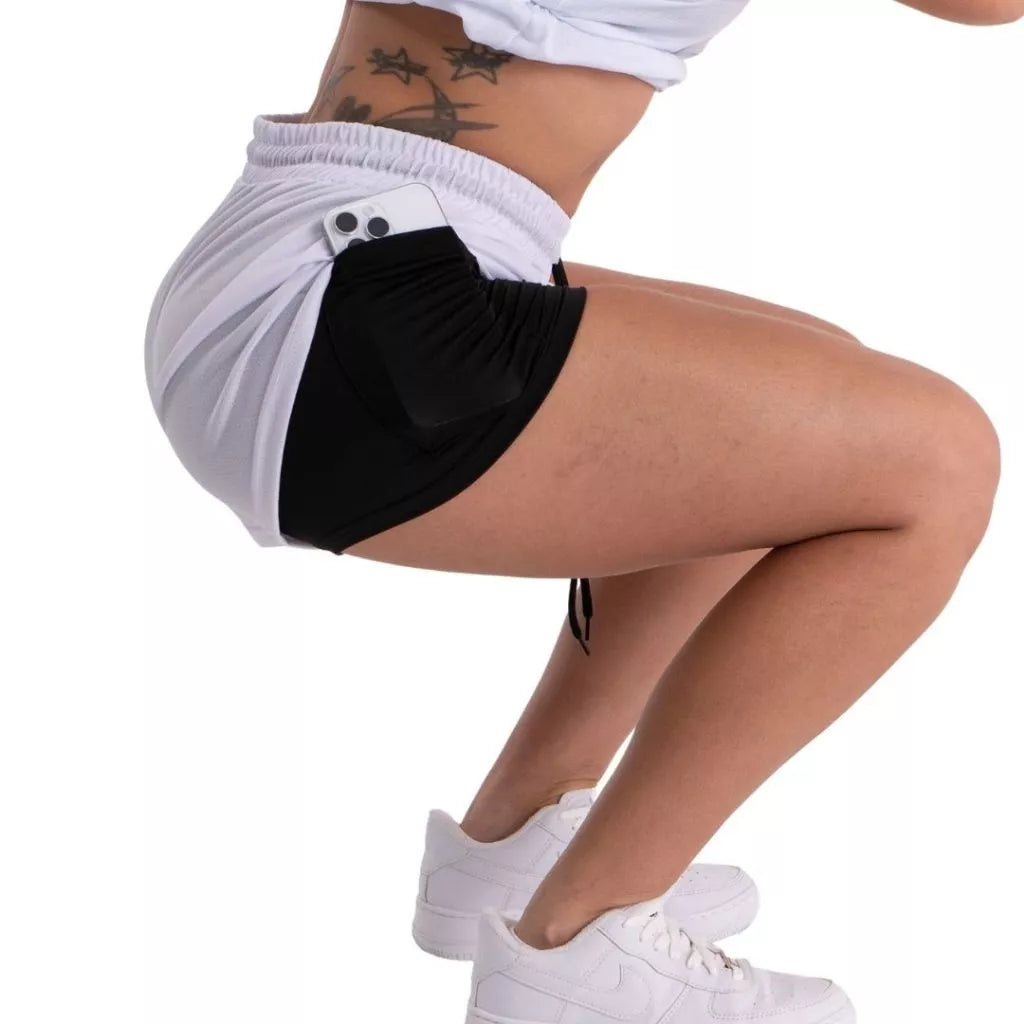 Short Feminino 2 em 1 Antiassaduras Dry Fit c/ Bolso Celular - Academia e Corrida [50% OFF + FRETE GRÁTIS]